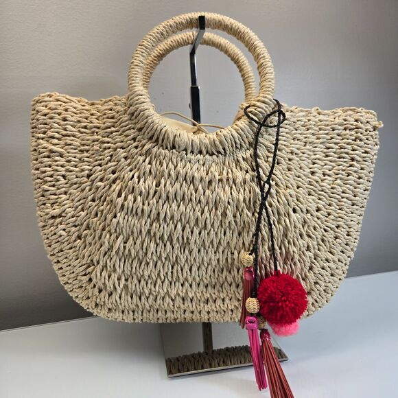 Straw Circle Handle Purse Hand Bag Tote Resort Summer Beach Boho Hippie Festival - Picture 1 of 7